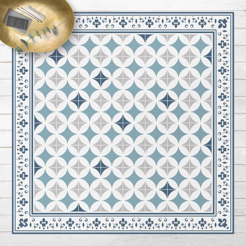 

Alfombras vinílicas - Geometrical Tiles Circular Flowers Dark Blue With Border - Cuadrado 1:1 Dimensión LxA: 60cm x 60cm