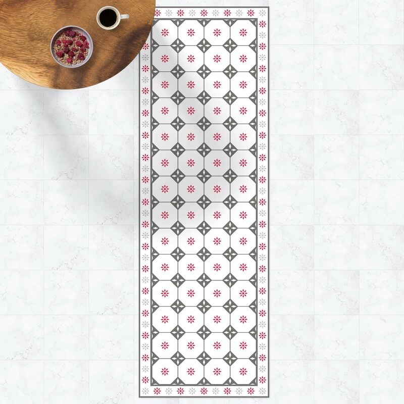 

Alfombras vinílicas - Geometrical Tiles Cottage Grey Red With Border - Panorámico Dimensión LxA: 180cm x 60cm