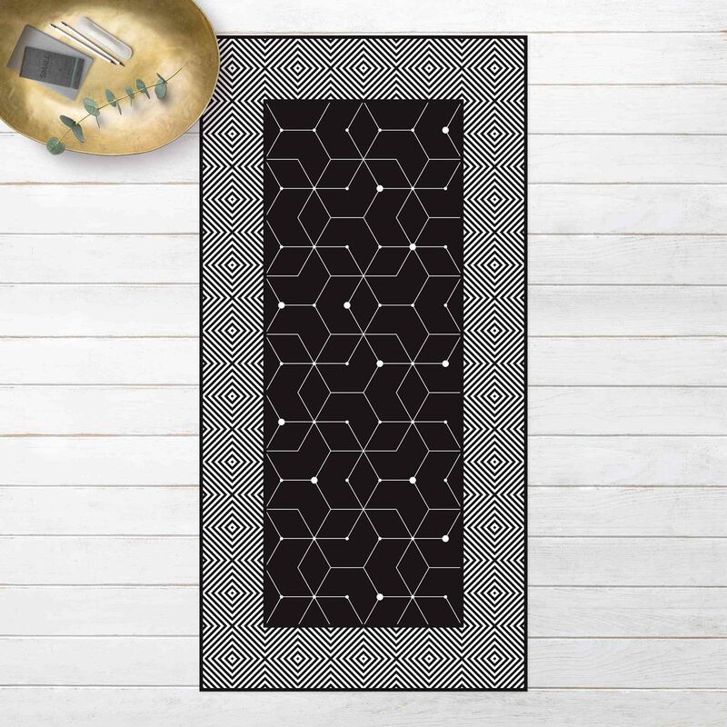 

Alfombras vinílicas - Geometrical Tiles Dotted Lines Black With Border - Alto 2:1 Dimensión LxA: 100cm x 50cm