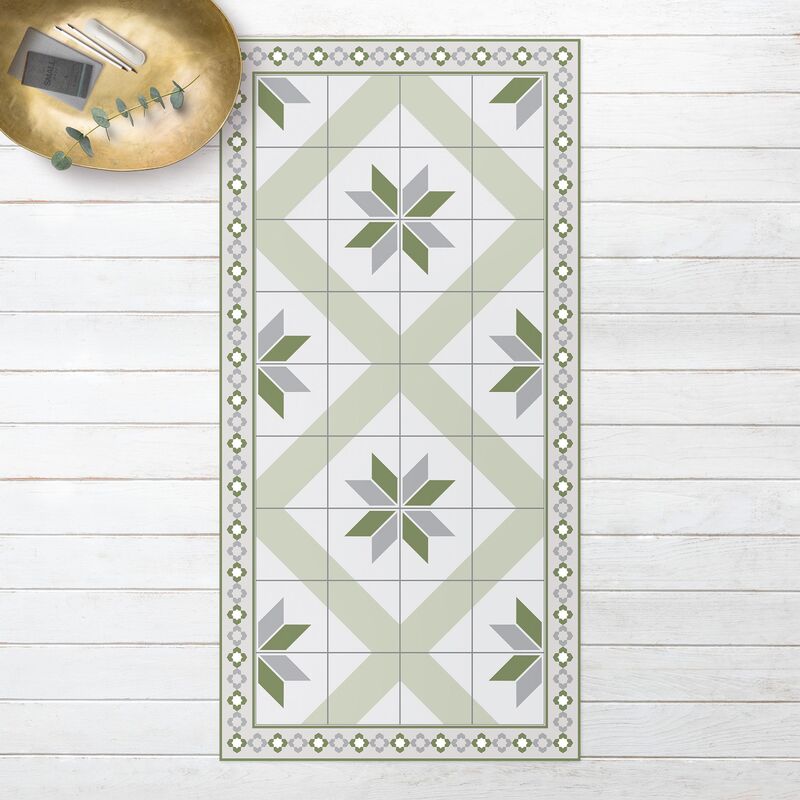 

Bilderwelten - Alfombras vinílicas - Geometrical Tiles Rhombic Flower Olive Green With narrow Border - Alto 2:1 Dimensión LxA: 80cm x 40cm