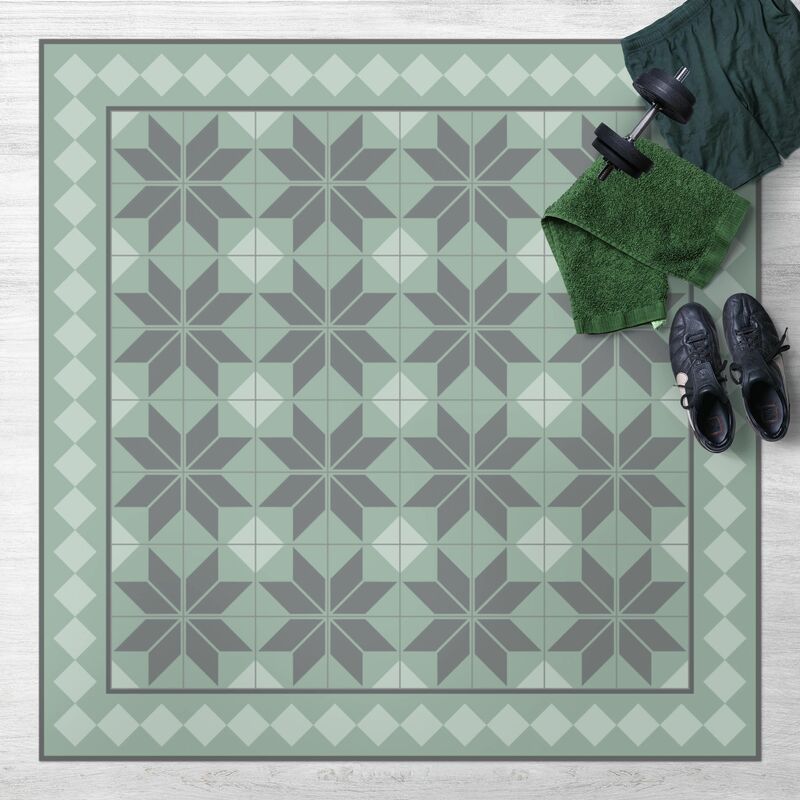 

Bilderwelten - Alfombras vinílicas - Geometrical Tiles Star Flower Mint Green With Border - Cuadrado 1:1 Dimensión LxA: 140cm x 140cm