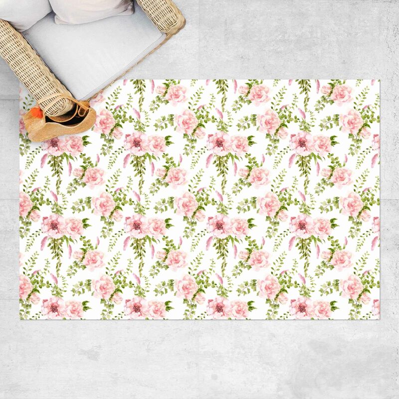 Alfombras vinílicas - Green Leaves With Pink Flowers In Watercolour - Apaisado 2:3 Dimensión LxA: 40cm x 60cm