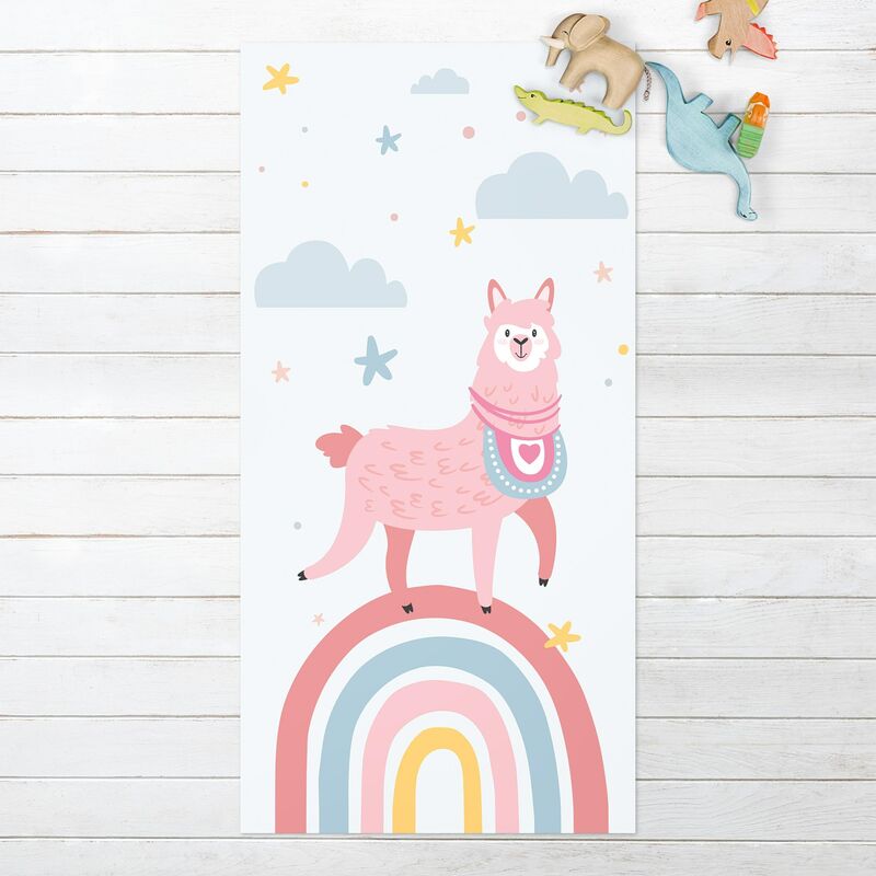 

Bilderwelten - Alfombras vinílicas - Lama On Rainbow With Stars And Dots - Alto 2:1 Dimensión LxA: 280cm x 140cm