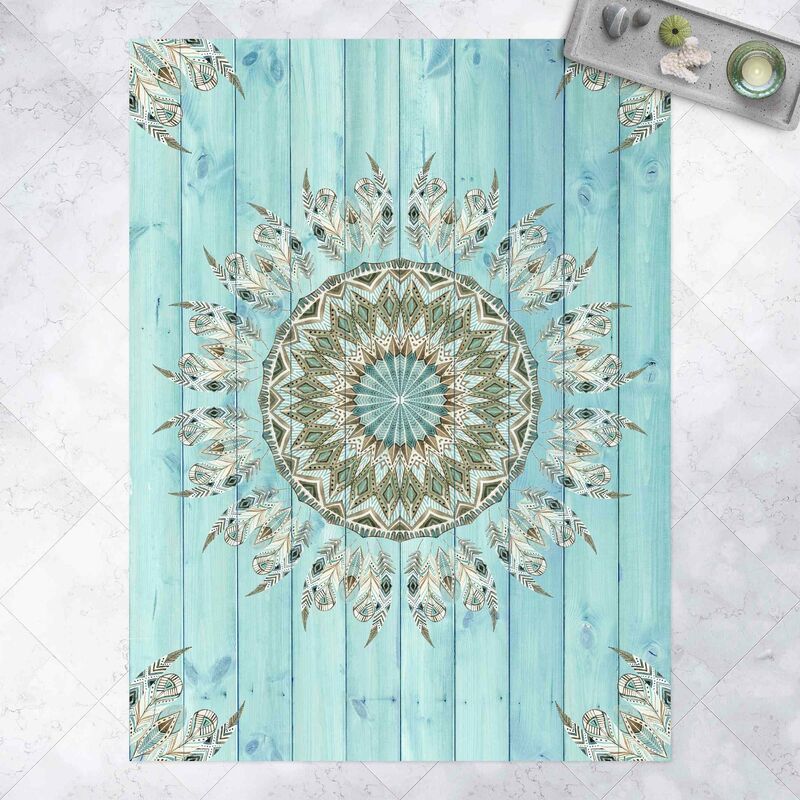 Alfombras vinílicas - Mandala Watercolour Feathers Blue Green Wooden Boards - Alto 4:3 Dimensión LxA: 180cm x 135cm