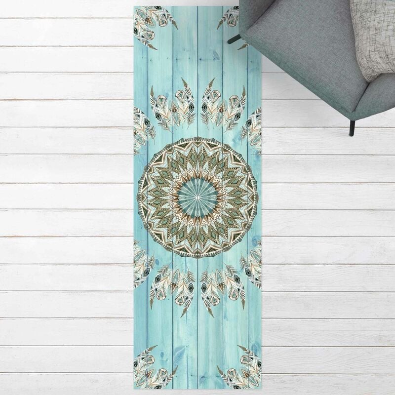 

Bilderwelten - Alfombras vinílicas - Mandala Watercolour Feathers Blue Green Wooden Boards - Panorámico Dimensión LxA: 300cm x 100cm