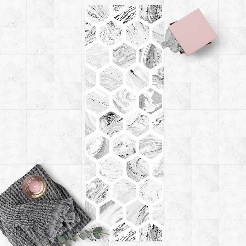 

Alfombras vinílicas - Marble Hexagons In Greyscales - Panorámico Dimensión LxA: 90cm x 30cm