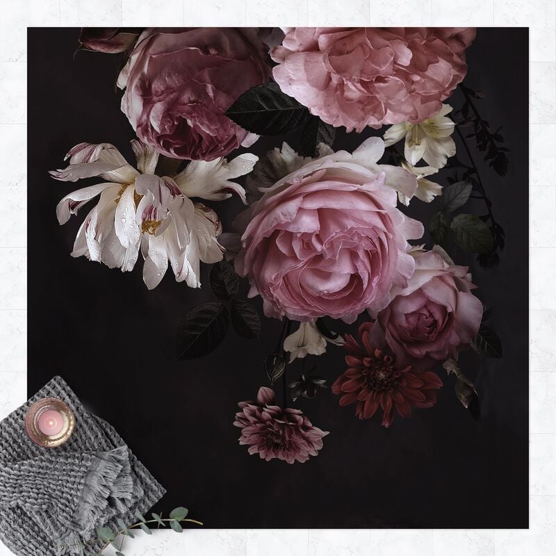 

Alfombras vinílicas - Pink Flowers On Black Vintage - Cuadrado 1:1 Dimensión LxA: 100cm x 100cm