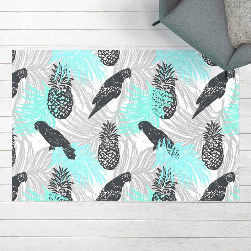

Alfombras vinílicas - Tropical Pattern With Pineapple And Parrots Turquoise - Apaisado 2:3 Dimensión LxA: 100cm x 150cm
