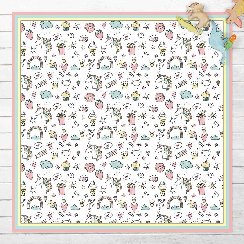 

Alfombras vinílicas - Unicorns And Sweets In Pastel With Frame - Cuadrado 1:1 Dimensión LxA: 100cm x 100cm