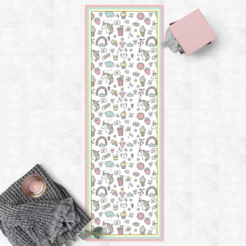 

Bilderwelten - Alfombras vinílicas - Unicorns And Sweets In Pastel With Frame - Panorámico Dimensión LxA: 300cm x 100cm