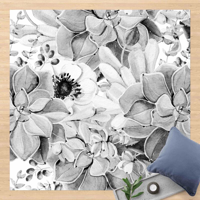 

Alfombras vinílicas - Watercolour Succulent With Flower In Black And White - Cuadrado 1:1 Dimensión LxA: 100cm x 100cm