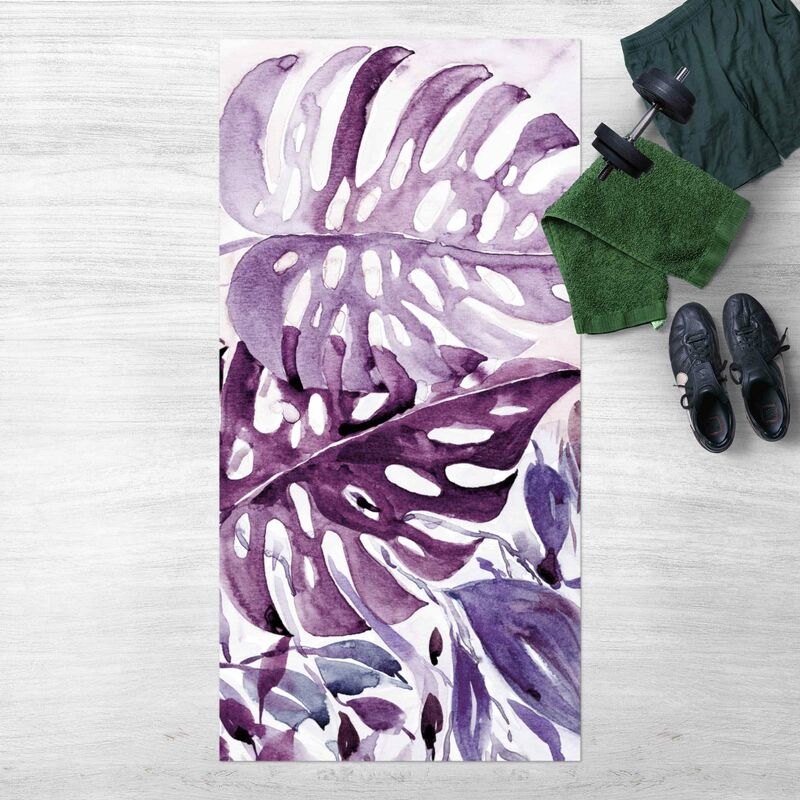 

Alfombras vinílicas - Watercolour Tropical Leaves With Monstera In Aubergine - Alto 2:1 Dimensión LxA: 100cm x 50cm