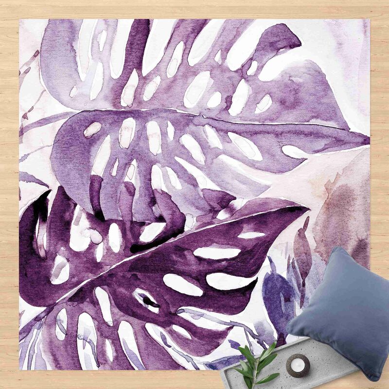 

Alfombras vinílicas - Watercolour Tropical Leaves With Monstera In Aubergine - Cuadrado 1:1 Dimensión LxA: 100cm x 100cm