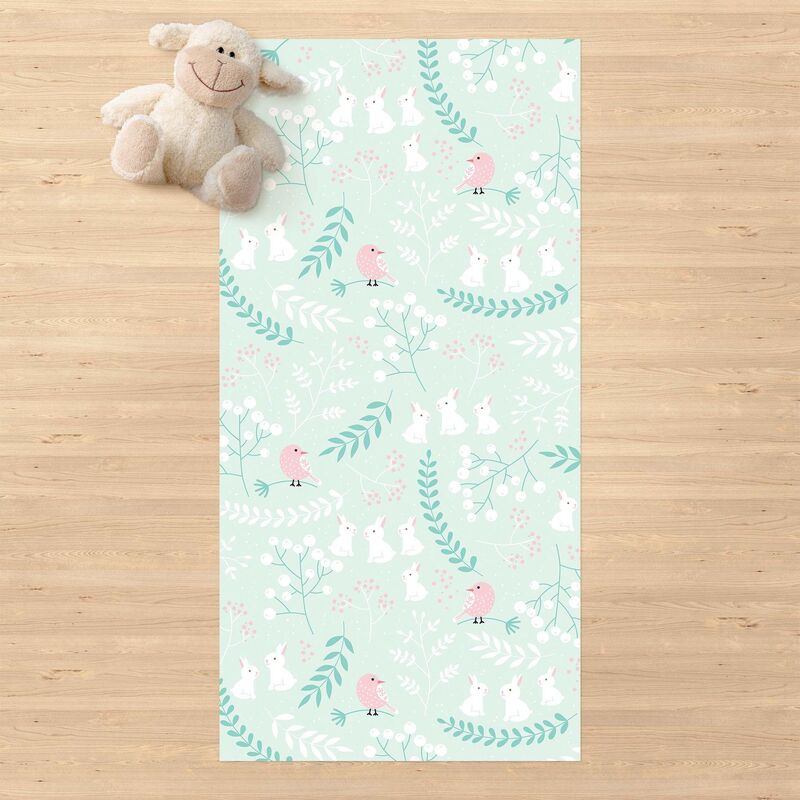 

Alfombras vinílicas - White Rabbits And Light Pink Birds In Thicket - Alto 2:1 Dimensión LxA: 100cm x 50cm
