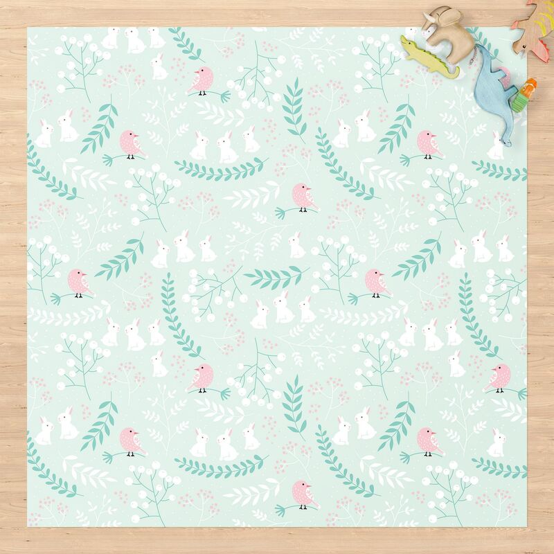 

Alfombras vinílicas - White Rabbits And Light Pink Birds In Thicket - Cuadrado 1:1 Dimensión LxA: 100cm x 100cm