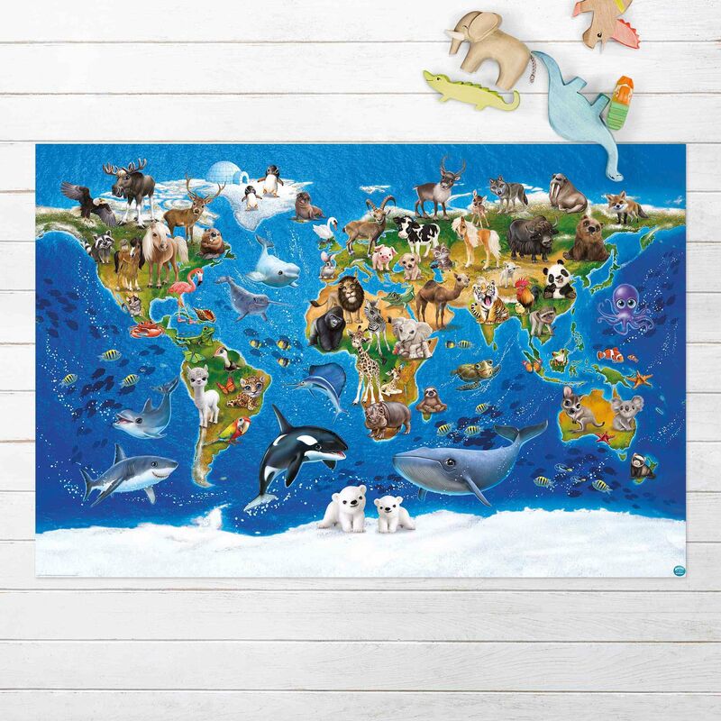 

Alfombras vinílicas - Animal Club International - World Map With Animals - Apaisado 2:3 Dimensión LxA: 120cm x 180cm