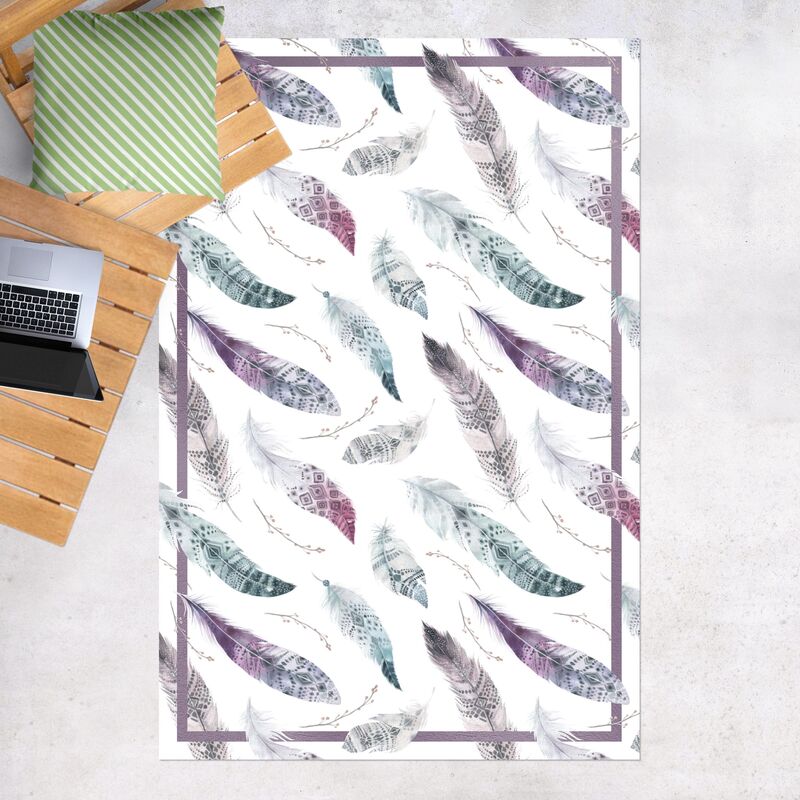 

Alfombras vinílicas - Boho Watercolour Feathers In Aubergine And Petrol Colour With Frame - Alto 3:2 Dimensión LxA: 210cm x 140cm