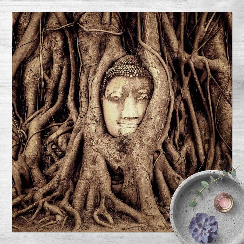 

Bilderwelten - Alfombras vinílicas - Buddha In Ayutthaya Lined With Tree Roots In Brown - Cuadrado 1:1 Dimensión LxA: 120cm x 120cm