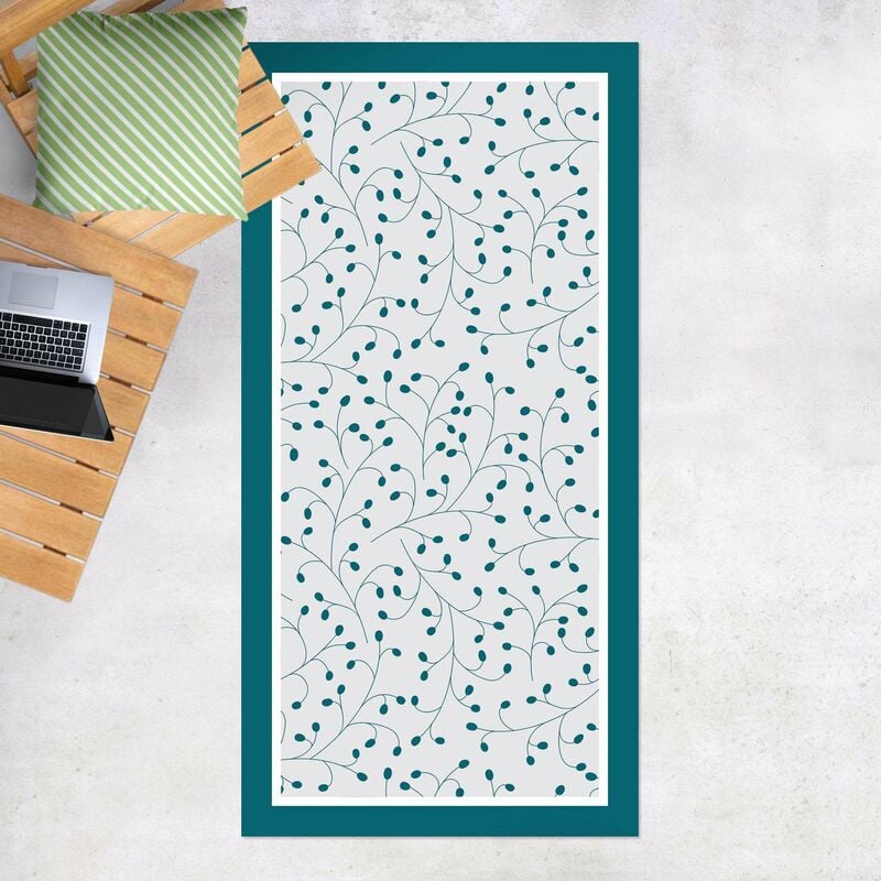 

Alfombras vinílicas - Delicate Branch Pattern With Dots In Petrol With Frame - Alto 2:1 Dimensión LxA: 160cm x 80cm