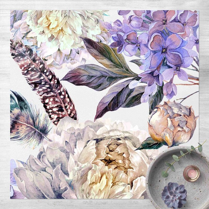 

Bilderwelten - Alfombras vinílicas - Delicate Watercolour Boho Flowers And Feathers Pattern - Cuadrado 1:1 Dimensión LxA: 140cm x 140cm