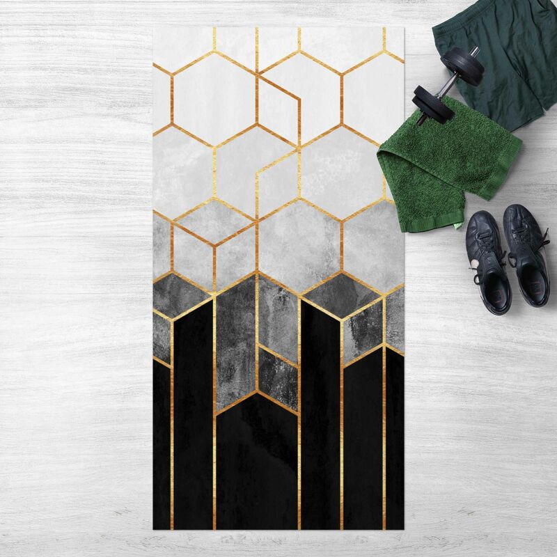 

Alfombras vinílicas - Elisabeth Fredriksson - Golden Hexagons Black And White - Alto 2:1 Dimensión LxA: 80cm x 40cm