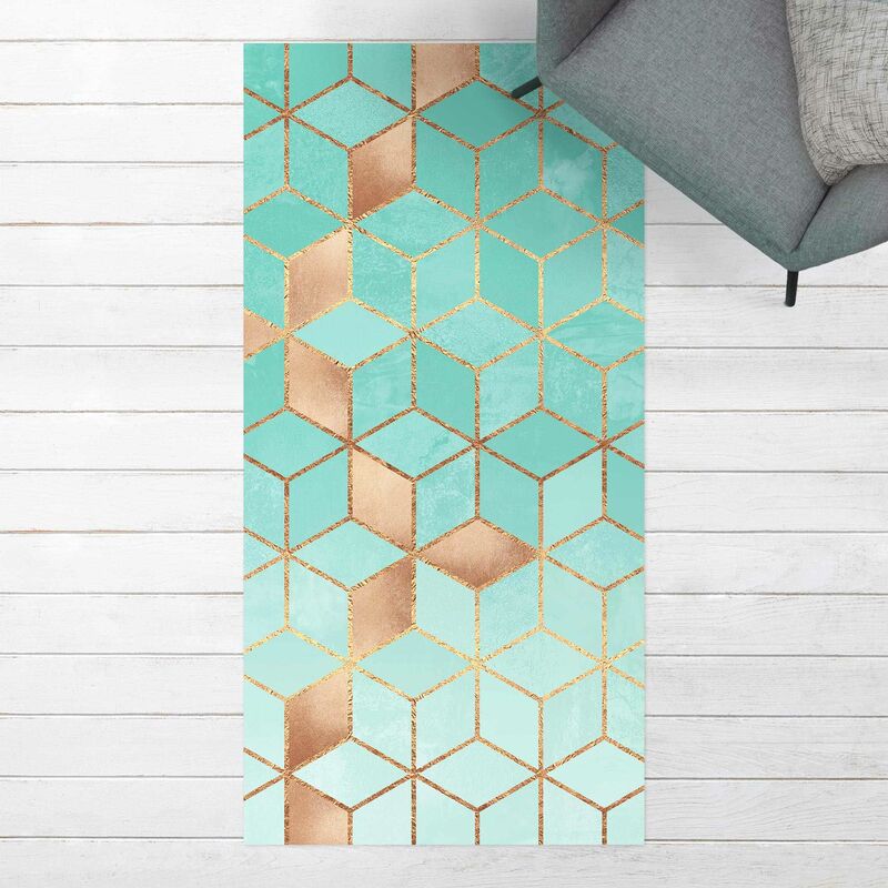 

Bilderwelten - Alfombras vinílicas - Elisabeth Fredriksson - Turquoise White Golden Geometry - Alto 2:1 Dimensión LxA: 280cm x 140cm