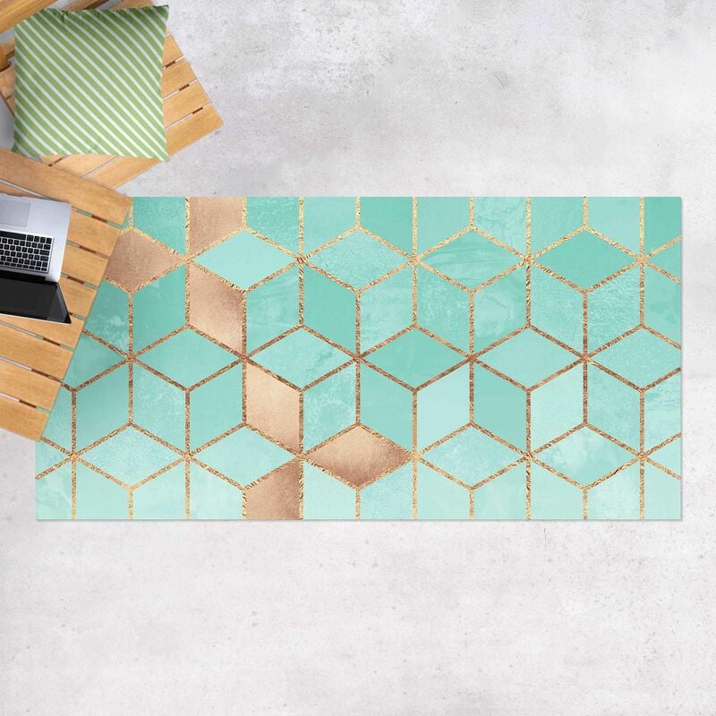 

Bilderwelten - Alfombras vinílicas - Elisabeth Fredriksson - Turquoise White Golden Geometry - Apaisado 1:2 Dimensión LxA: 110cm x 220cm