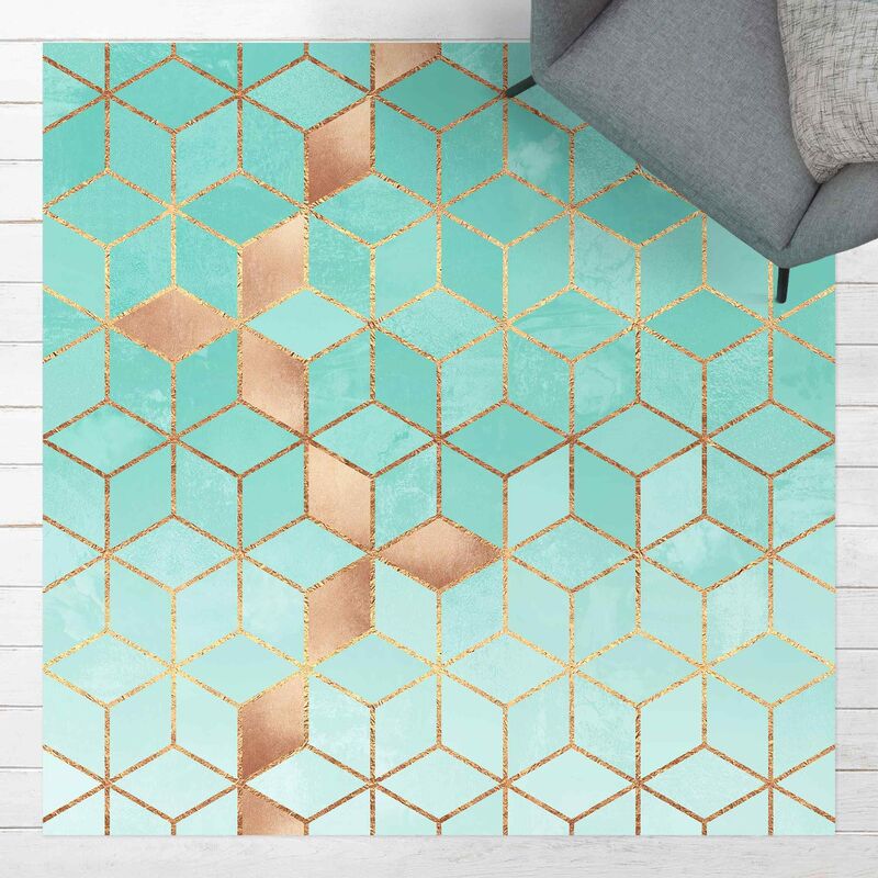 

Alfombras vinílicas - Elisabeth Fredriksson - Turquoise White Golden Geometry - Cuadrado 1:1 Dimensión LxA: 80cm x 80cm