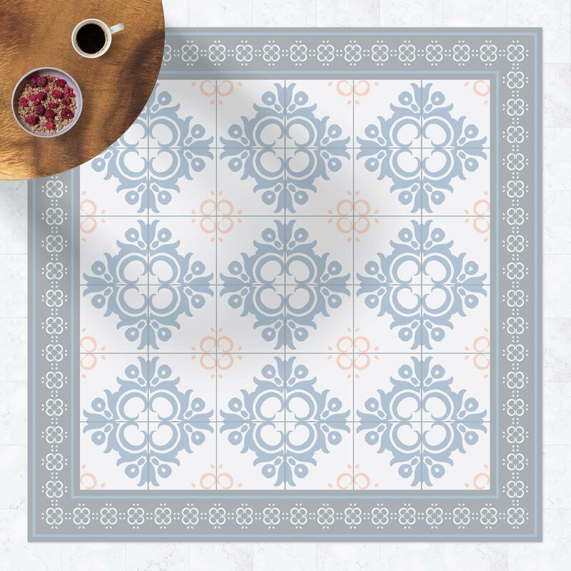 

Bilderwelten - Alfombras vinílicas - Floral Tiles Orange Blue Buds With Border - Cuadrado 1:1 Dimensión LxA: 120cm x 120cm
