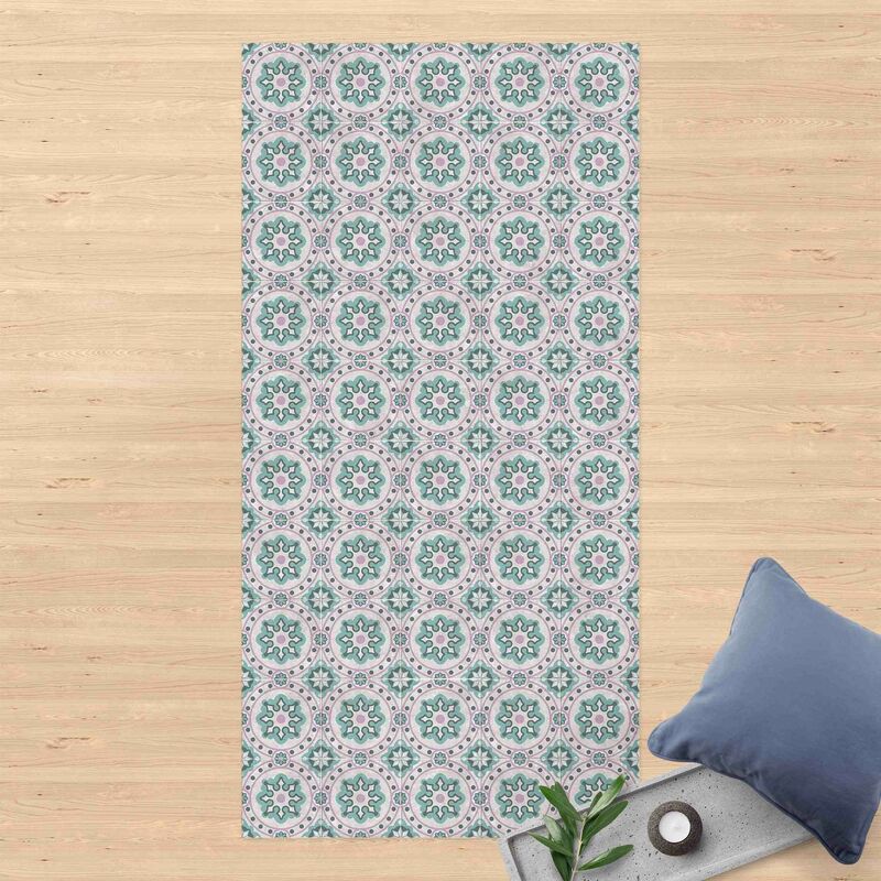 

Bilderwelten - Alfombras vinílicas - Floral Tiles Turquoise Light Pink - Alto 2:1 Dimensión LxA: 260cm x 130cm