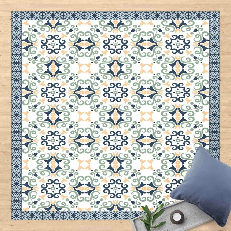 

Bilderwelten - Alfombras vinílicas - Floral Tiles Yellowish Blue With Border - Cuadrado 1:1 Dimensión LxA: 120cm x 120cm