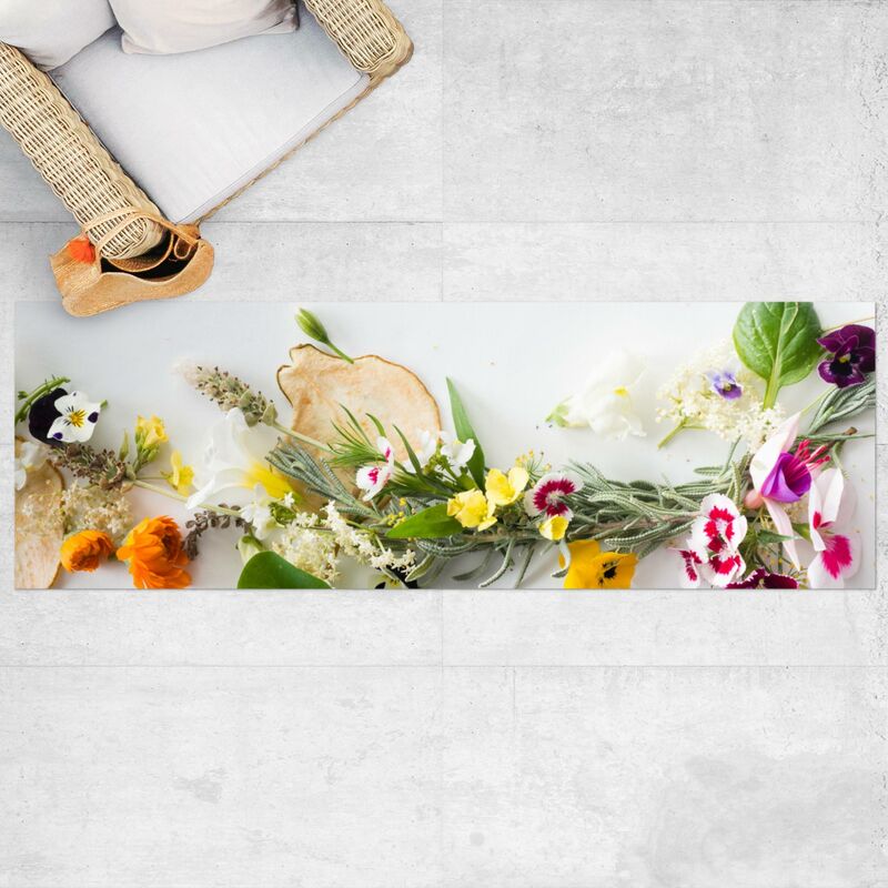 

Alfombras vinílicas - Fresch Herbs With Edible Flowers - Panorama Formato apaisado Dimensión LxA: 40cm x 120cm