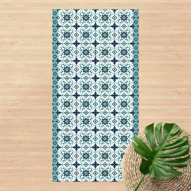 

Bilderwelten - Alfombras vinílicas - Geometrical Tile Mix Flower Turquoise - Alto 2:1 Dimensión LxA: 180cm x 90cm