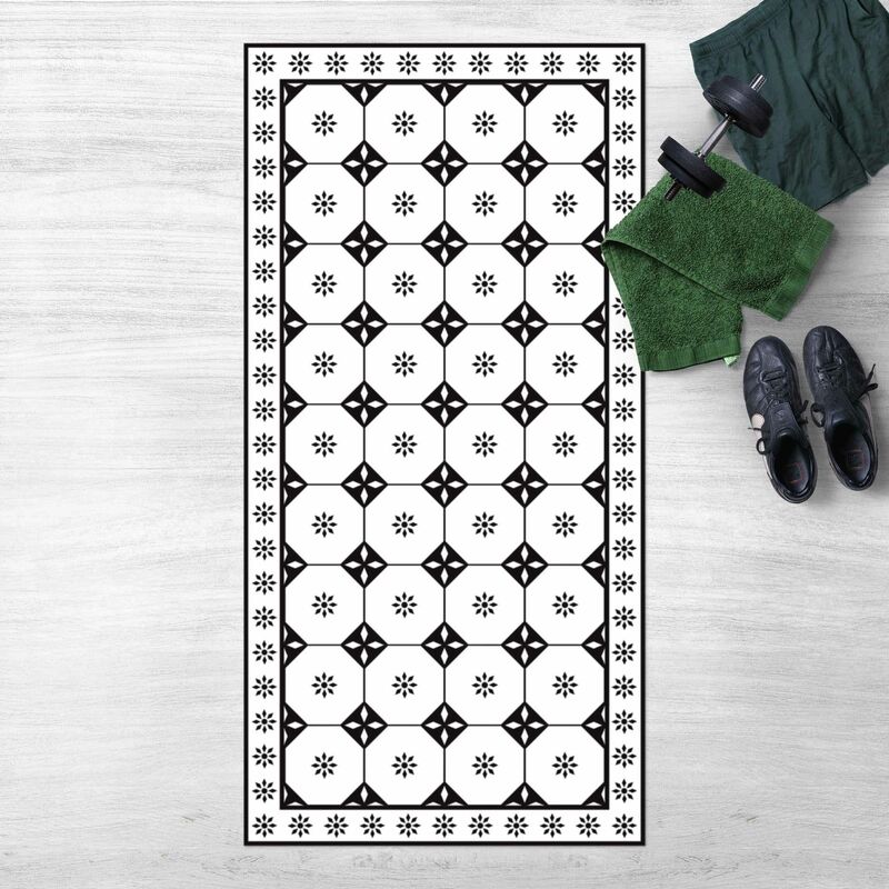 

Alfombras vinílicas - Geometrical Tiles Cottage Black And White With Border - Alto 2:1 Dimensión LxA: 160cm x 80cm