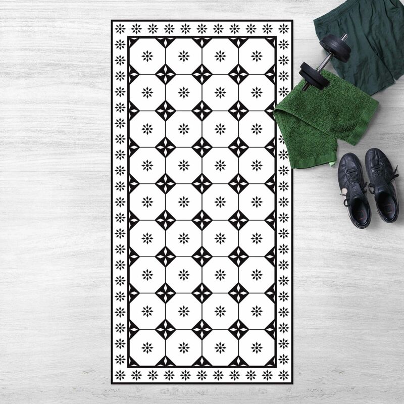 

Alfombras vinílicas - Geometrical Tiles Cottage Black And White With Border - Alto 2:1 Dimensión LxA: 200cm x 100cm