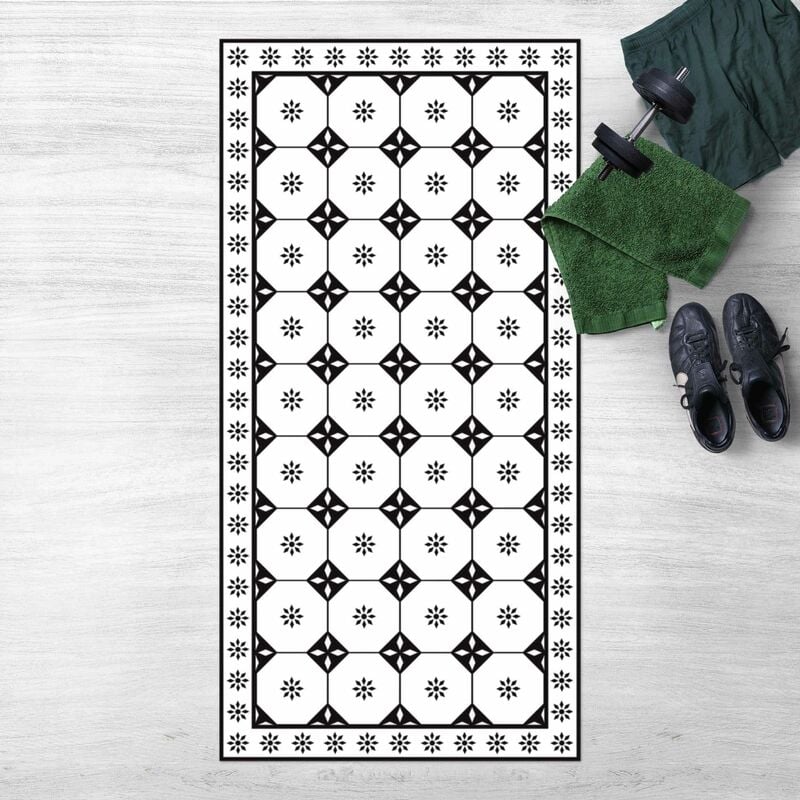 

Alfombras vinílicas - Geometrical Tiles Cottage Black And White With Border - Alto 2:1 Dimensión LxA: 80cm x 40cm