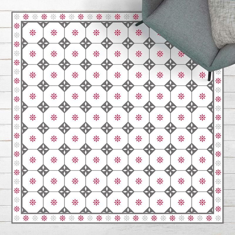 

Bilderwelten - Alfombras vinílicas - Geometrical Tiles Cottage Grey Red With Border - Cuadrado 1:1 Dimensión LxA: 120cm x 120cm