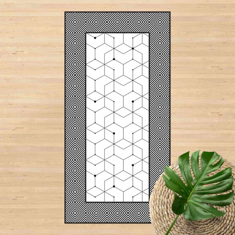 

Alfombras vinílicas - Geometrical Tiles Dotted Lines Black And White With Border - Alto 2:1 Dimensión LxA: 180cm x 90cm