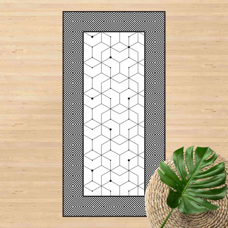 

Alfombras vinílicas - Geometrical Tiles Dotted Lines Black And White With Border - Alto 2:1 Dimensión LxA: 140cm x 70cm