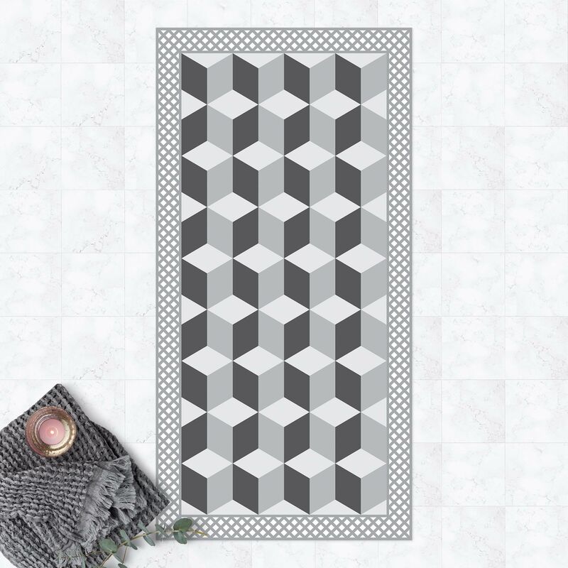 

Alfombras vinílicas - Geometrical Tiles Illusion Of Stairs In Grey With Border - Alto 2:1 Dimensión LxA: 120cm x 60cm