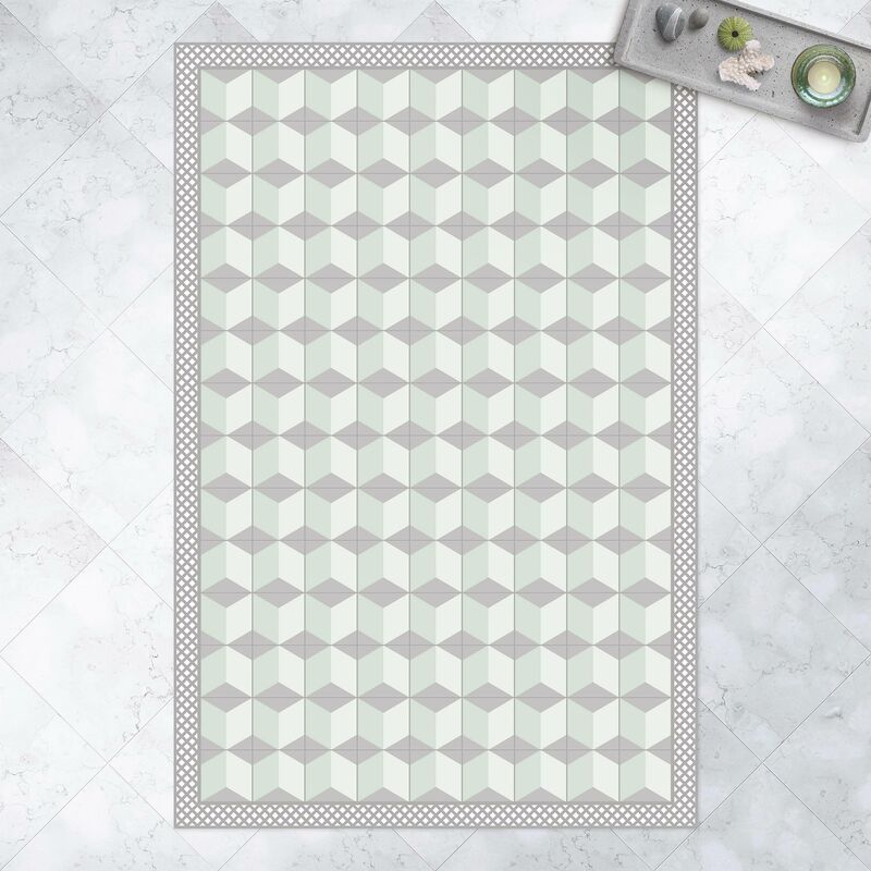 

Alfombras vinílicas - Geometrical Tiles Illusion Of Stairs In Mint Green With Border - Alto 3:2 Dimensión LxA: 210cm x 140cm