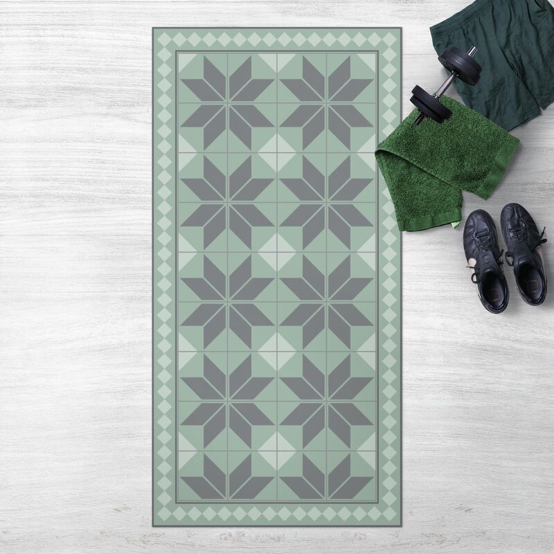 

Bilderwelten - Alfombras vinílicas - Geometrical Tiles Star Flower Mint Green Shade With Narrow Border - Alto 2:1 Dimensión LxA: 220cm x 110cm