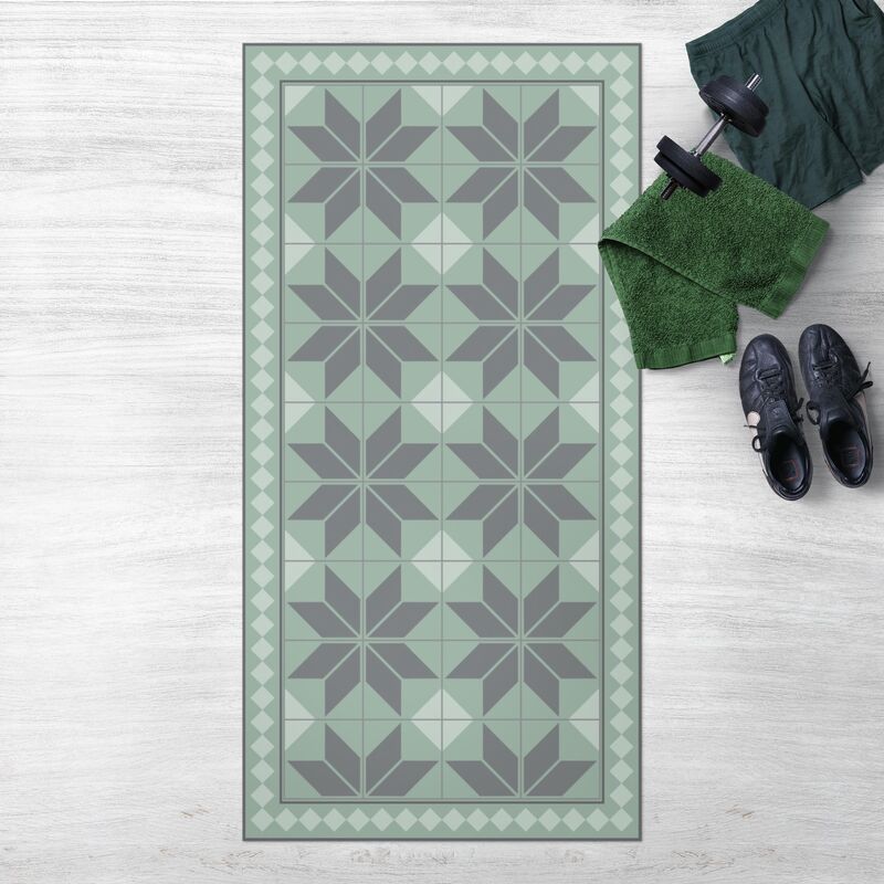 

Bilderwelten - Alfombras vinílicas - Geometrical Tiles Star Flower Mint Green Shade With Narrow Border - Alto 2:1 Dimensión LxA: 200cm x 100cm