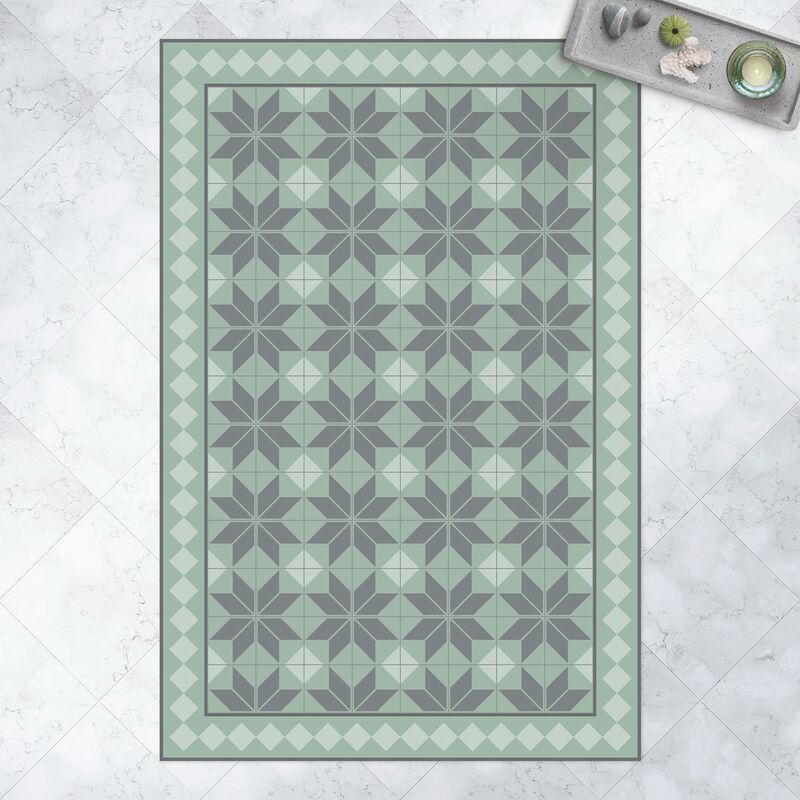 

Alfombras vinílicas - Geometrical Tiles Star Flower Mint Green With Border - Alto 3:2 Dimensión LxA: 180cm x 120cm