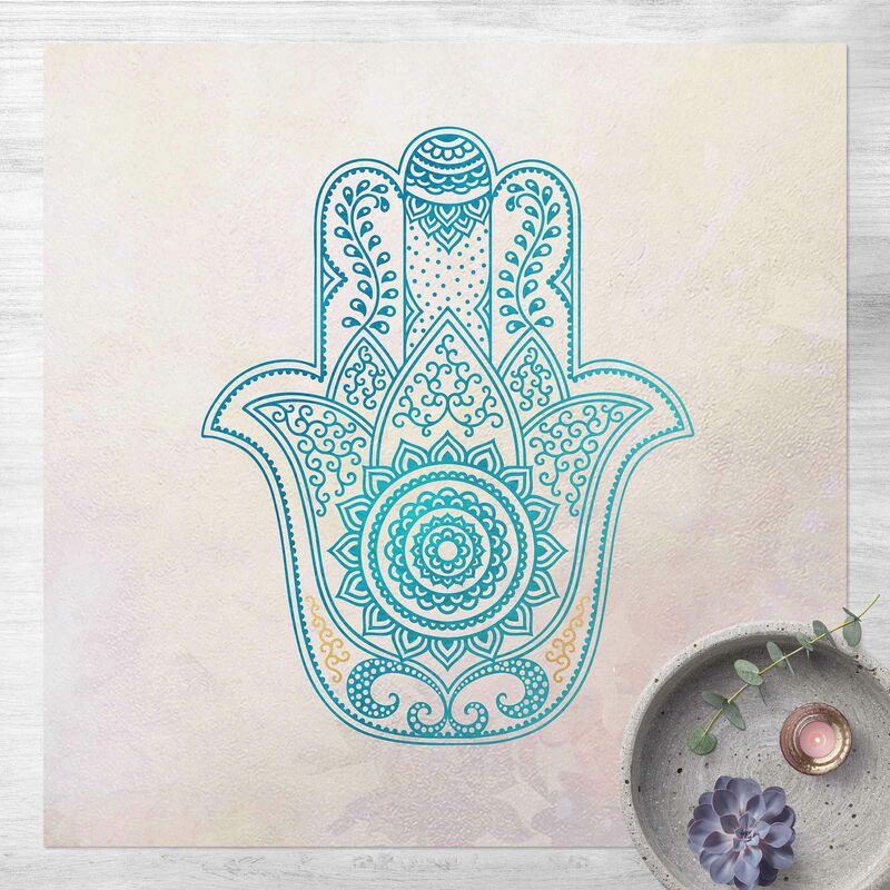 

Alfombras vinílicas - Hamsa Hand Illustration Mandala Gold Blue - Cuadrado 1:1 Dimensión LxA: 60cm x 60cm