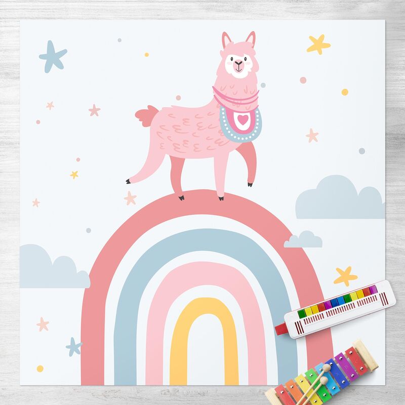 

Alfombras vinílicas - Lama On Rainbow With Stars And Dots - Cuadrado 1:1 Dimensión LxA: 100cm x 100cm