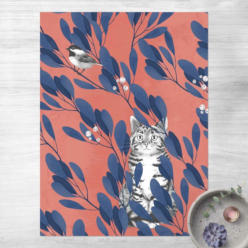 

Alfombras vinílicas - Laura Graves - Illustration Cat and Bird On Branch Blue Red - Alto 4:3 Dimensión LxA: 100cm x 75cm