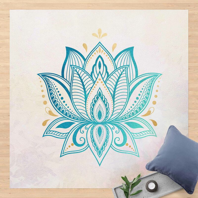 

Alfombras vinílicas - Lotus Illustration Mandala Gold Blue - Cuadrado 1:1 Dimensión LxA: 80cm x 80cm