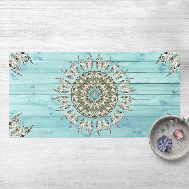 

Alfombras vinílicas - Mandala Watercolour Feathers Blue Green Wooden Boards - Apaisado 1:2 Dimensión LxA: 80cm x 160cm