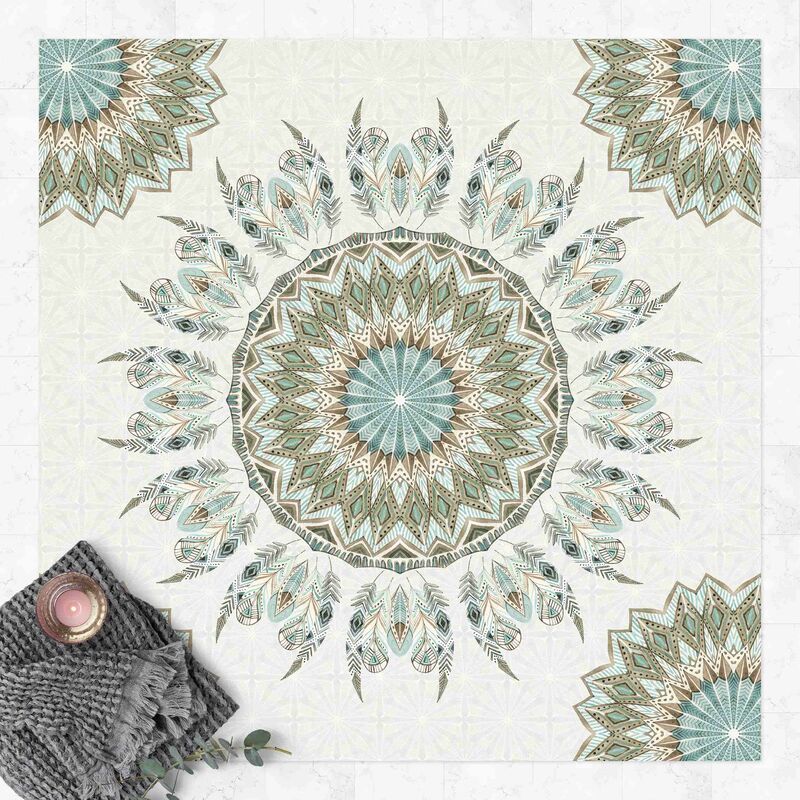 

Alfombras vinílicas - Mandala Watercolour Feathers Pattern Blue Green - Cuadrado 1:1 Dimensión LxA: 80cm x 80cm